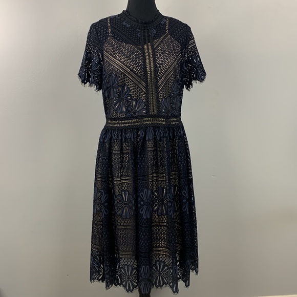 NWT Picadilly Canada Floral Lace Dress Navy Black Lined Size Small - Picture 3 of 15